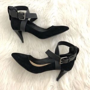 Joe’s Jeans Black Suede Ankle Strap Pointed Heels, Size 7.5 NWT